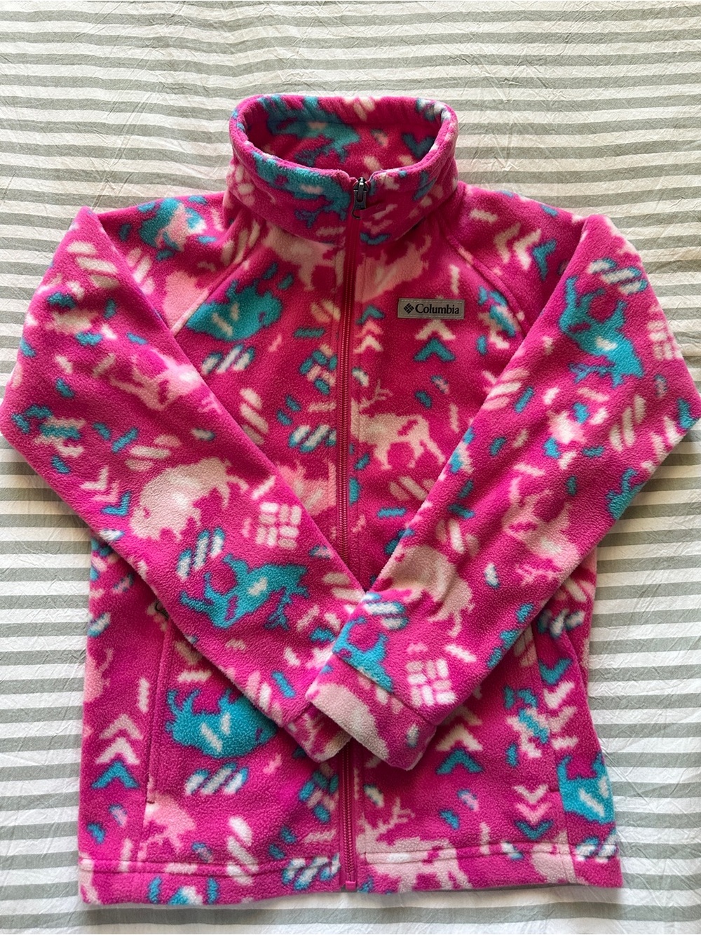 Columbia Girls Bright Pink Teal Patterned Fleece Zip Jacket